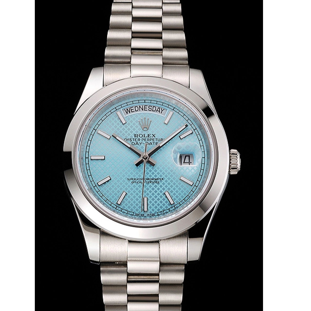 Aaa replica watch Date 40 Rolex Platinum Swiss Day Blue And Stainless Ice Steel Dial Case Bracelet 0621